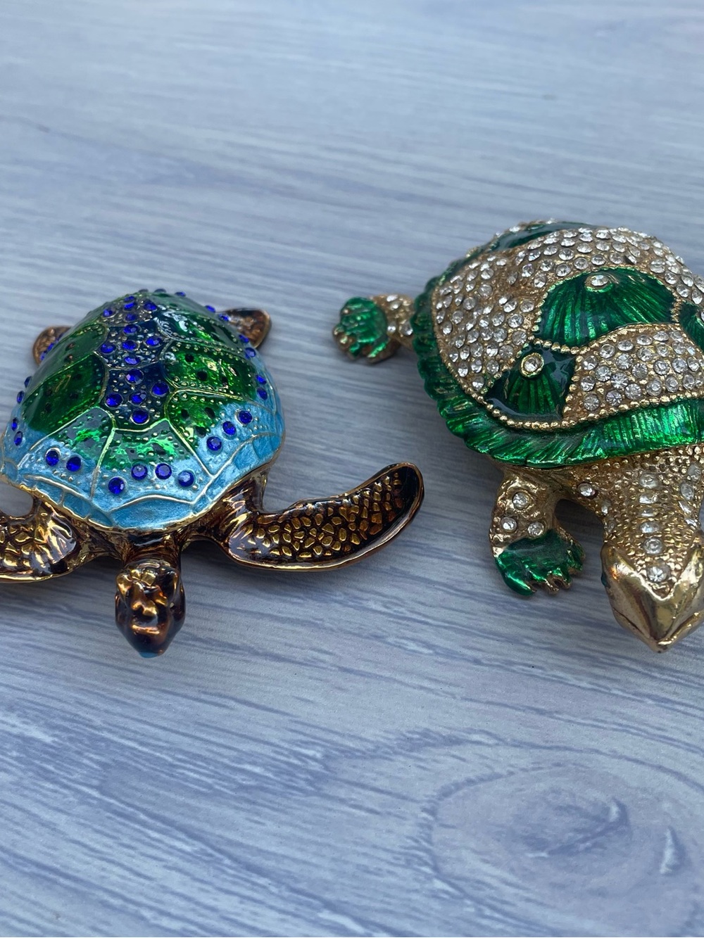 Turtle Trinket Jewelry Boxes (2) Rhinestones Jeweled Painted Enameled Sea